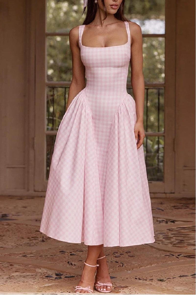 A-Line Tea Length Printed Cotton Wedding Guest Dress 1040459988093 - 10 Days / Pink / XS - COCOMELODY